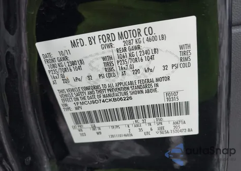 2012 Ford Escape Xlt from USA, damaged, VIN 1FMCU9D74CKB06226